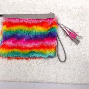 Rainbow Faux Fur Wristlet Pouch